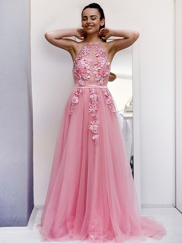 A-Line/Princess Tulle Applique Halter Sleeveless Sweep/Brush Train Dresses