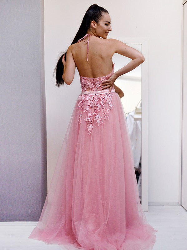 A-Line/Princess Tulle Applique Halter Sleeveless Sweep/Brush Train Dresses