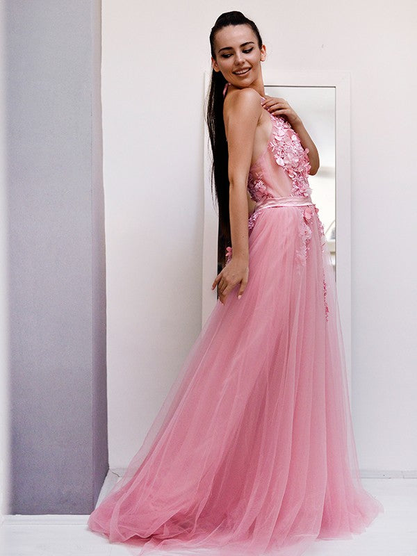 A-Line/Princess Tulle Applique Halter Sleeveless Sweep/Brush Train Dresses