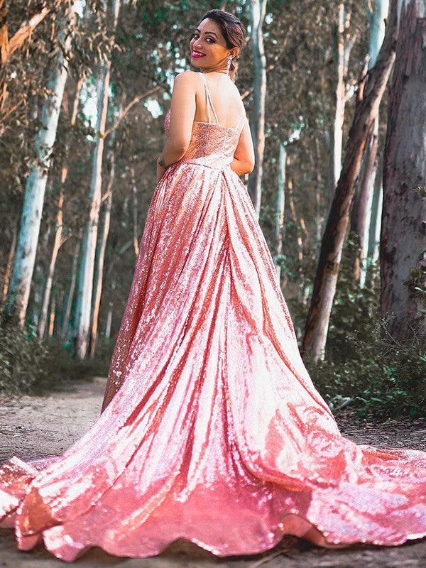 A-Line/Princess Sequins Spaghetti Straps Sleeveless Ruffles Sweep/Brush Train Dresses