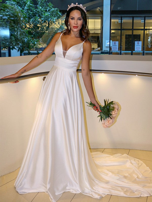 A-Line/Princess  Woven Satin Spaghetti Straps Ruffles Sleeveless Sweep/Brush Train Wedding Dresses