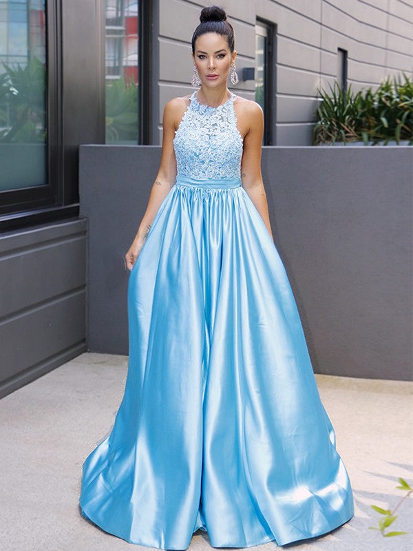 A-Line/Princess Satin Halter Sleeveless Applique Sweep/Brush Train Dresses