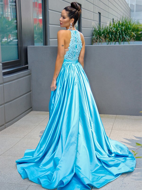 A-Line/Princess Satin Halter Sleeveless Applique Sweep/Brush Train Dresses