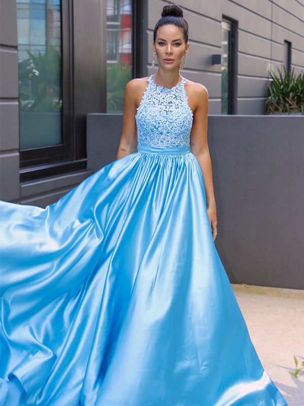 A-Line/Princess Satin Halter Sleeveless Applique Sweep/Brush Train Dresses