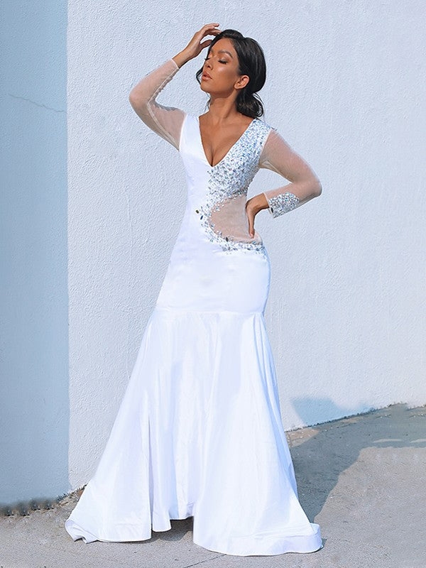 Trumpet/Mermaid V-neck Long Sleeves  Woven Satin Beading Court Train Dresses