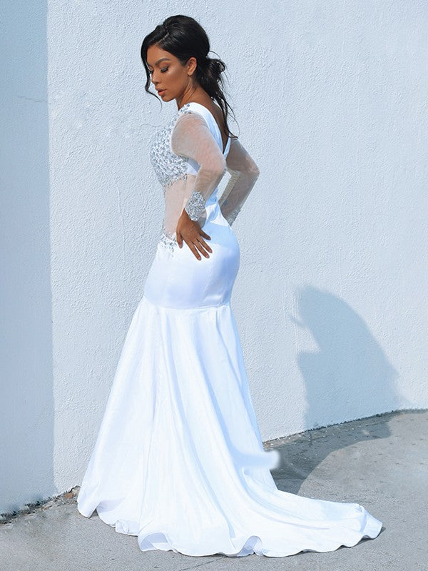 Trumpet/Mermaid V-neck Long Sleeves  Woven Satin Beading Court Train Dresses