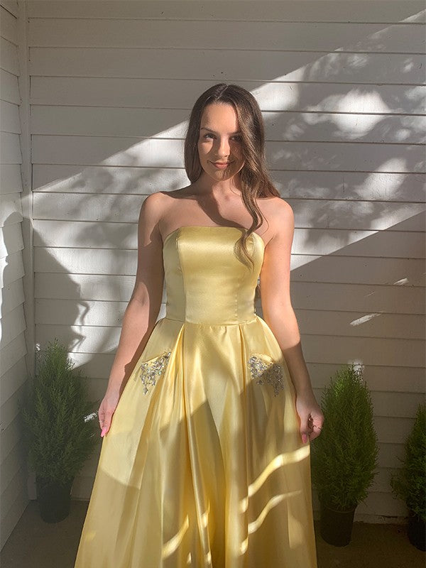A-Line/Princess Sleeveless Beading Satin Strapless Sweep/Brush Train Dresses