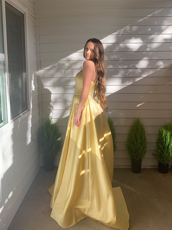 A-Line/Princess Sleeveless Beading Satin Strapless Sweep/Brush Train Dresses