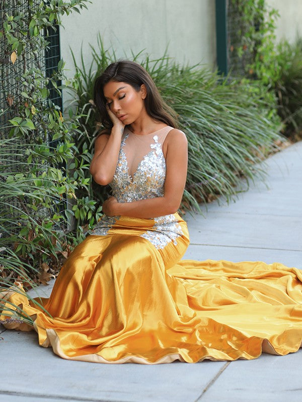 Trumpet/Mermaid V-neck Velvet Lace  Woven Satin Court Train Sleeveless Dresses