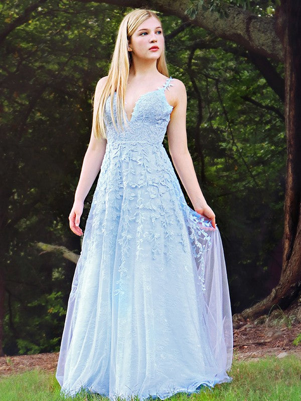 A-Line/Princess Sleeveless V-neck Applique Tulle Floor-Length Dresses