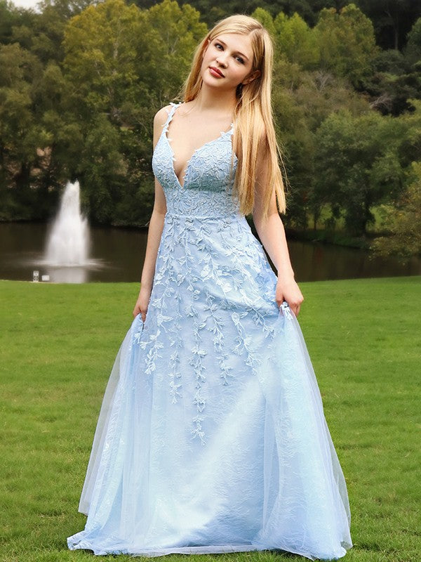 A-Line/Princess Sleeveless V-neck Applique Tulle Floor-Length Dresses