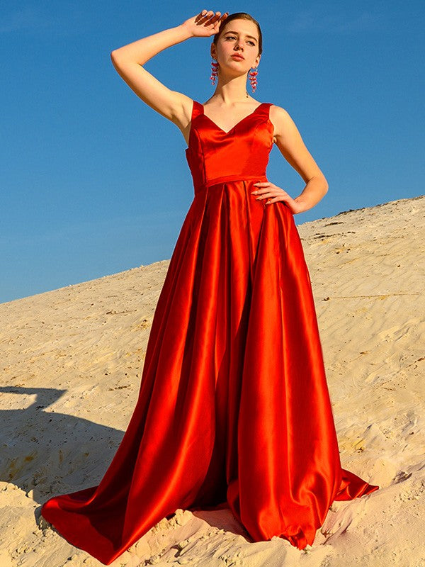 A-Line/Princess Sleeveless Satin V-neck Ruffles Sweep/Brush Train Dresses