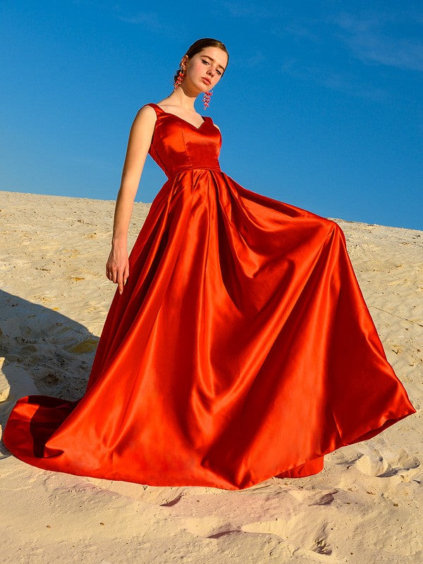 A-Line/Princess Sleeveless Satin V-neck Ruffles Sweep/Brush Train Dresses