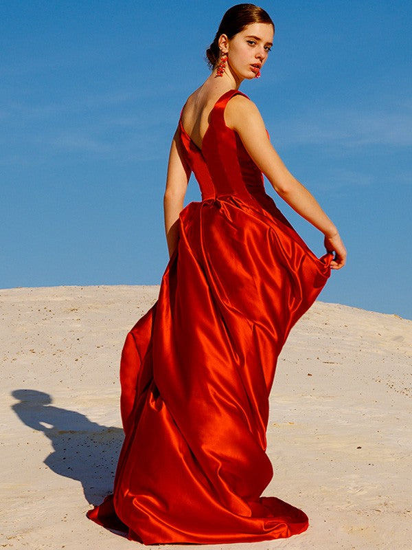 A-Line/Princess Sleeveless Satin V-neck Ruffles Sweep/Brush Train Dresses