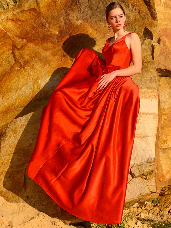 A-Line/Princess Sleeveless Satin V-neck Ruffles Sweep/Brush Train Dresses