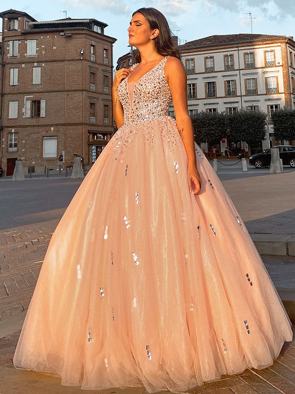 Robe de bal en tulle, col en V, perles, sans manches, longueur au sol