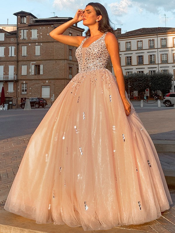 Robe de bal en tulle, col en V, perles, sans manches, longueur au sol