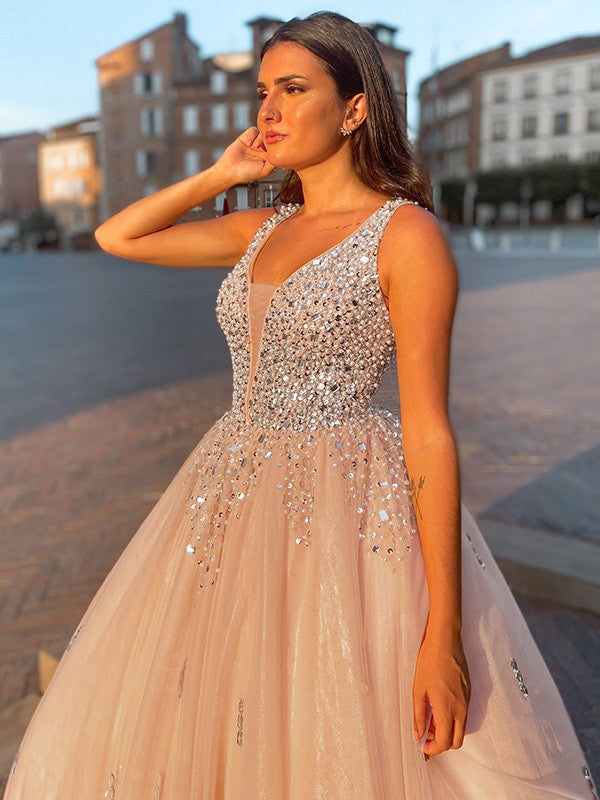 Robe de bal en tulle, col en V, perles, sans manches, longueur au sol