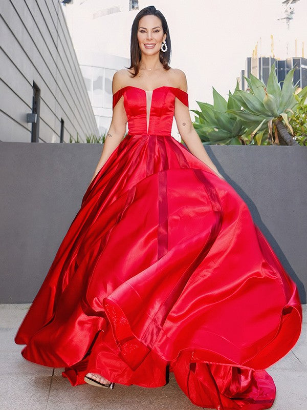 A-Line/Princess Ruffles Sleeveless Satin Off-the-Shoulder Sweep/Brush Train Dresses