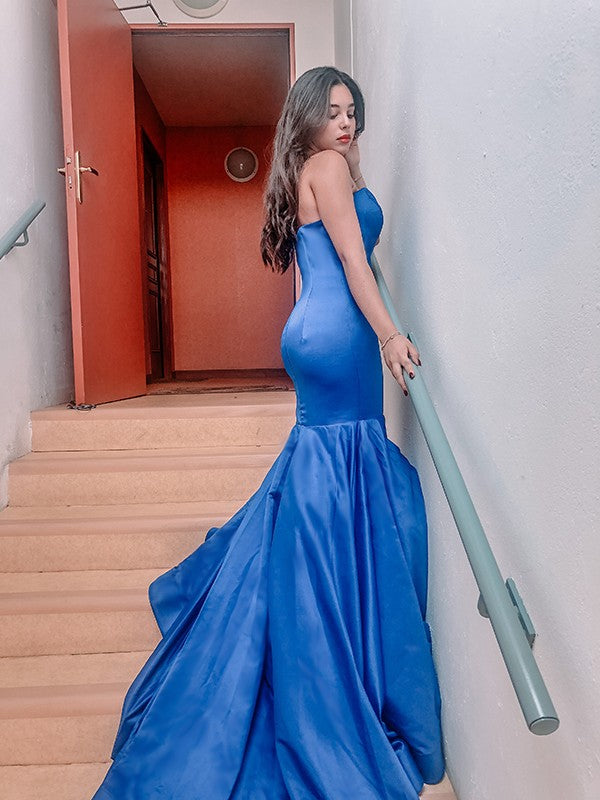 Trumpet/Mermaid Sweetheart Satin Ruffles Sleeveless Sweep/Brush Train Dresses