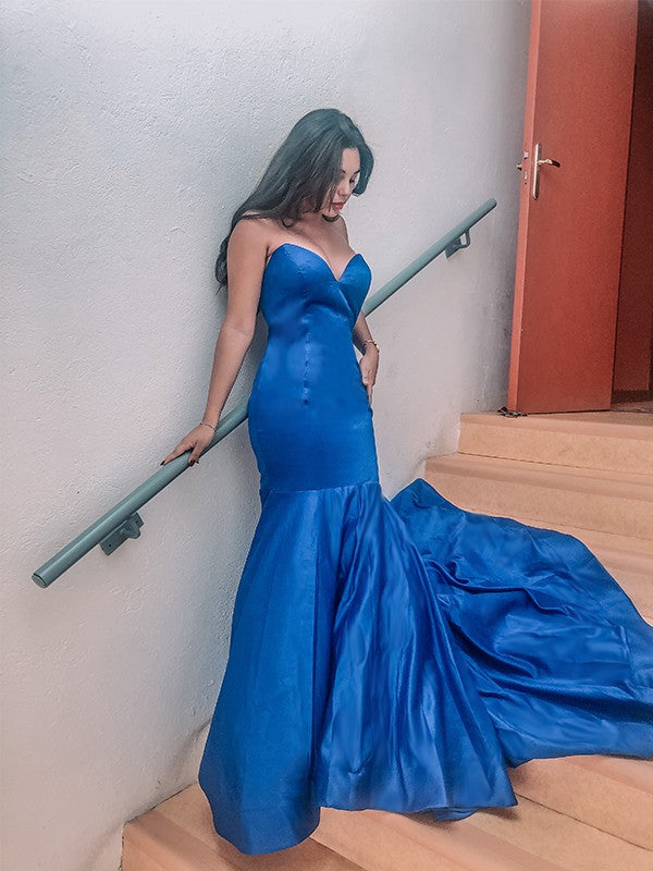 Trumpet/Mermaid Sweetheart Satin Ruffles Sleeveless Sweep/Brush Train Dresses