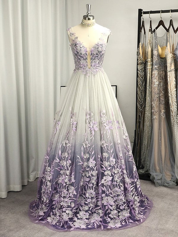 Robe trapèze/princesse à col en V et tulle appliqué, sans manches, longueur au sol