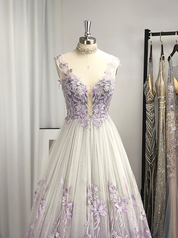 Robe trapèze/princesse à col en V et tulle appliqué, sans manches, longueur au sol