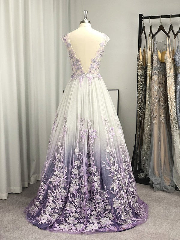 Robe trapèze/princesse à col en V et tulle appliqué, sans manches, longueur au sol