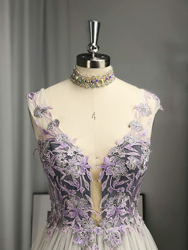 Robe trapèze/princesse à col en V et tulle appliqué, sans manches, longueur au sol