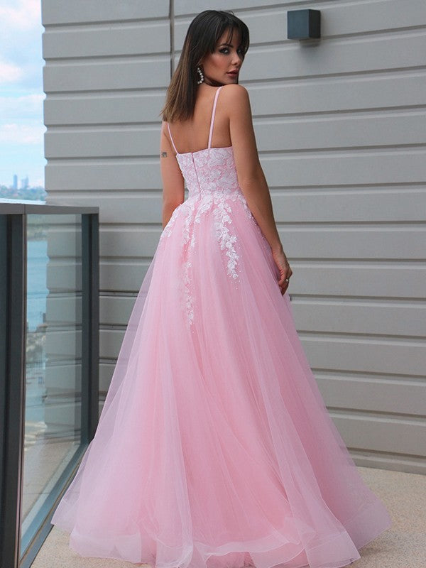 Robe trapèze/princesse en tulle, col en V, sans manches, longueur au sol