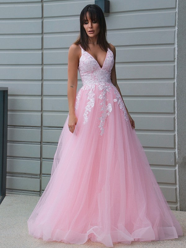 Robe trapèze/princesse en tulle, col en V, sans manches, longueur au sol