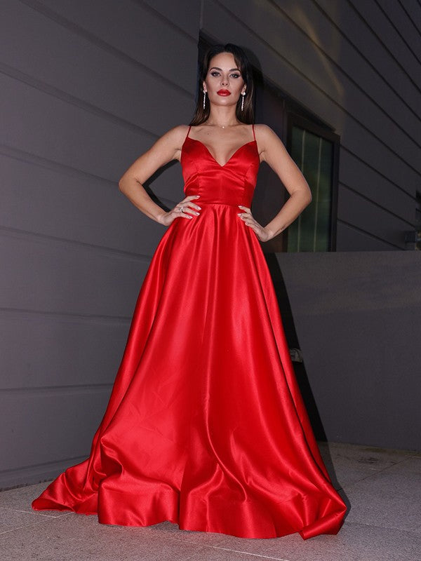 A-Line/Princess Satin Ruffles V-neck Sleeveless Sweep/Brush Train Dresses
