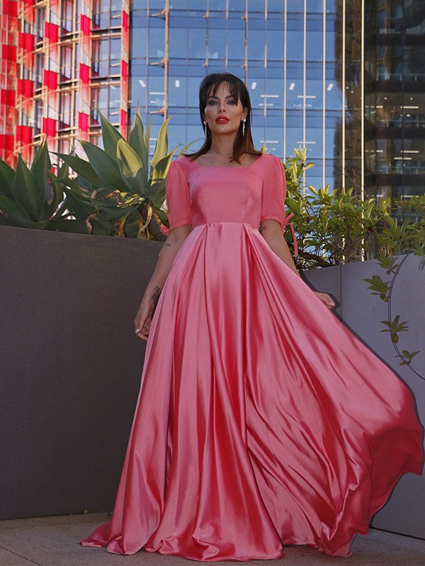 A-Line/Princess Square 1/2 Sleeves  Woven Satin Ruffles Floor-Length Dresses