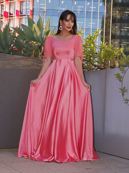 A-Line/Princess Square 1/2 Sleeves  Woven Satin Ruffles Floor-Length Dresses