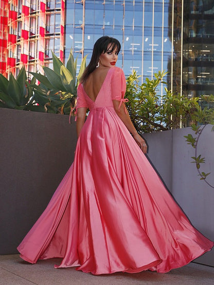 A-Line/Princess Square 1/2 Sleeves  Woven Satin Ruffles Floor-Length Dresses