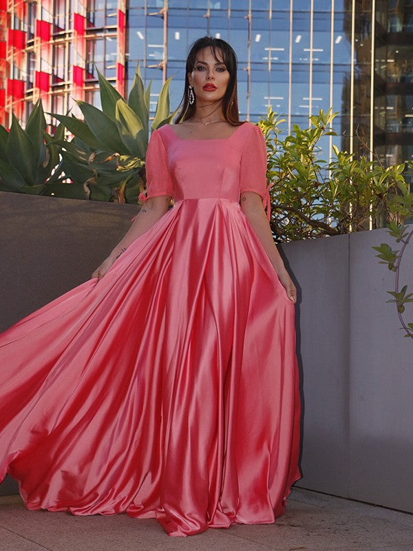 A-Line/Princess Square 1/2 Sleeves  Woven Satin Ruffles Floor-Length Dresses