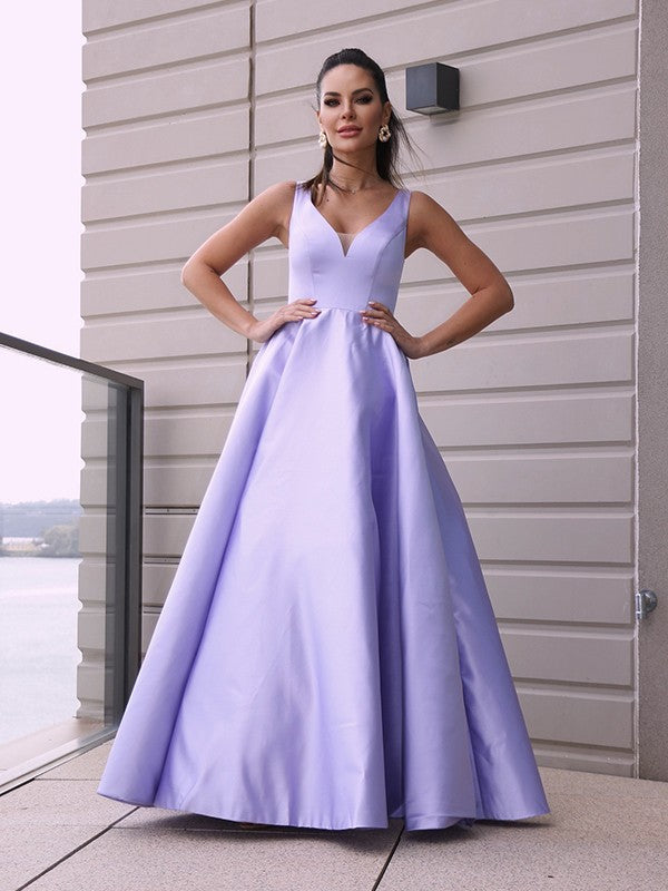 A-Line/Princess Satin Ruffles V-neck Sleeveless Floor-Length Dresses