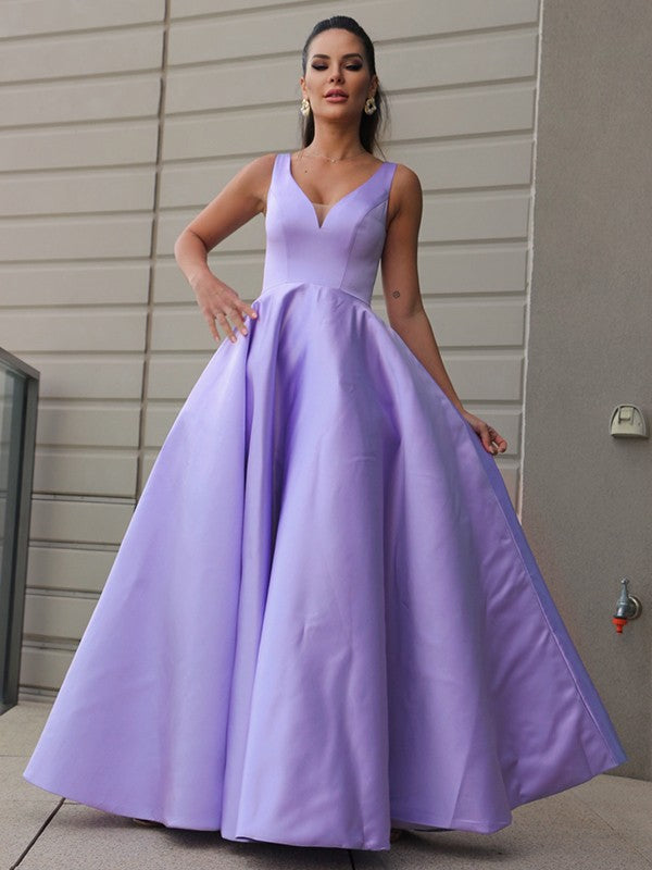 A-Line/Princess Satin Ruffles V-neck Sleeveless Floor-Length Dresses
