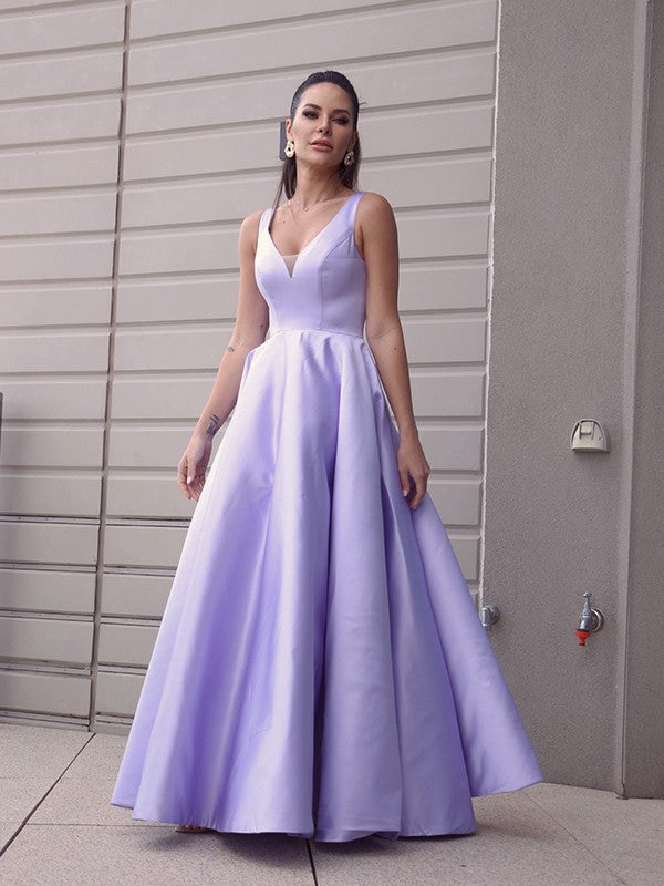 A-Line/Princess Satin Ruffles V-neck Sleeveless Floor-Length Dresses