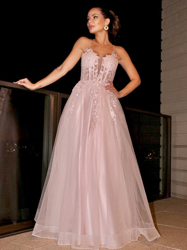 A-Line/Princess Applique Spaghetti Straps Sleeveless Tulle Floor-Length Dresses