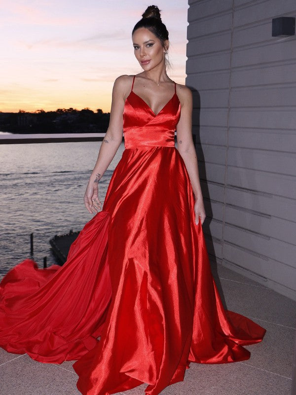 A-Line/Princess  Woven Satin Ruffles V-neck Sleeveless Sweep/Brush Train Dresses