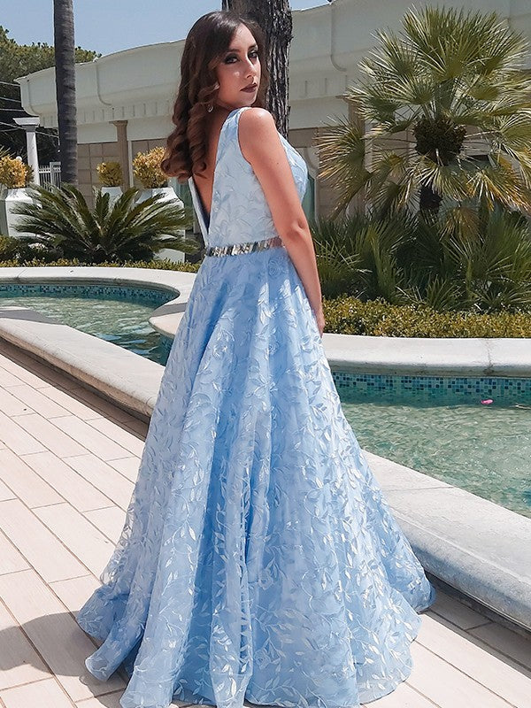 A-Line/Princess Lace Applique V-neck Sleeveless Floor-Length Dresses