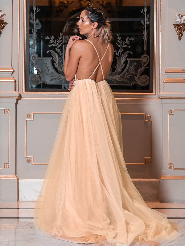 chinese dress ladies A-Line/Princess Halter Sleeveless Sweep/Brush Train Tulle Prom Formal –  Dessiny
