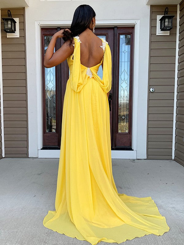 A-Line/Princess Chiffon Beading Straps Sleeveless Sweep/Brush Train Dresses