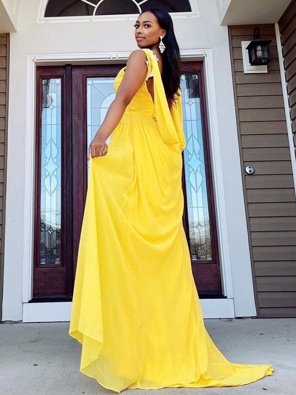 A-Line/Princess Chiffon Beading Straps Sleeveless Sweep/Brush Train Dresses