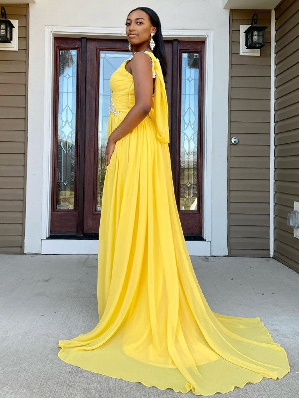 A-Line/Princess Chiffon Beading Straps Sleeveless Sweep/Brush Train Dresses