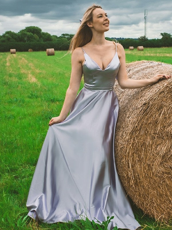 A-Line/Princess  Woven Satin Ruffles V-neck Sleeveless Floor-Length Dresses