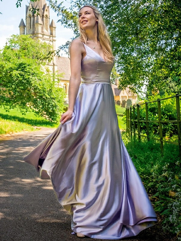 A-Line/Princess  Woven Satin Ruffles V-neck Sleeveless Floor-Length Dresses