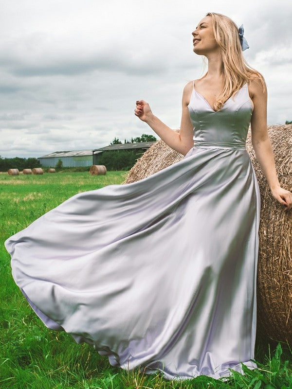 A-Line/Princess  Woven Satin Ruffles V-neck Sleeveless Floor-Length Dresses