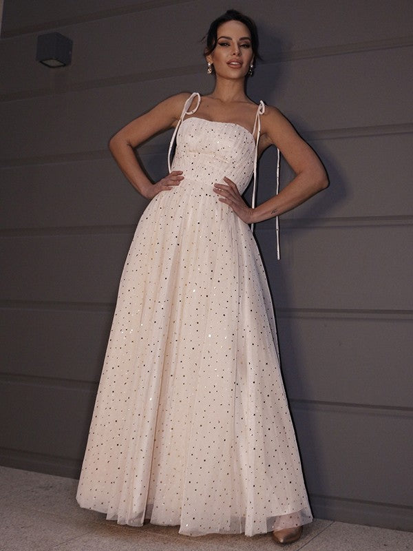 A-Line/Princess Paillette Spaghetti Straps Sleeveless Floor-Length Dresses